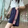 Shorts Casuais Listrados Laterais Estilo Coreano High Street Retrô Verão Novo Soltos Versáteis Azul Marinho Calças Esportivas para Mulheres