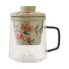 Caneca de Vidro para Chá Flor de Pessegueiro Pintada à Mão de Fábrica Copo com Separação de Água e Chá para Escritório Caneca de Grande Capacidade com Tampa