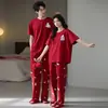 Pijama de Algodón Lycra para Mujer, Rojo Festivo Dibujo Animado de Pareja Manga Corta Pantalón Largo, Conjunto Casual Holgado para Estar en Casa que se Puede Usar Afuera