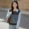 Estilo Nuevo Primavera y Otoño Base de Seda y Lana Cuello Polo Falso Dos Piezas Jersey de Punto para Mujer Manga Larga Ropa Interior para Estilo de Viaje