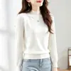 Camiseta base de color liso con cuello semi-alto y mangas tipo farol, de lujo ligero y elegante, estiliza y es versátil para otoño e invierno, suéter casual de punto acanalado de manga larga