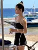 Nuevo Traje de Baño Coreano de Dos Piezas para Mujer, Bikini Negro de Tirantes de Cintura Alta Adelgazante, Traje de Baño Estilo Resort con Protección Solar