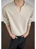 Camiseta de lino sintético estilo americano con cuello en V y manga larga para primavera y otoño, estilo old money, casual y elegante, camiseta básica holgada para hombre