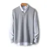Colete Masculino de Moda 100% Lã Pura Gola V Outono Inverno Novo Cor Sólida Sem Mangas Tricô Colete Suéter