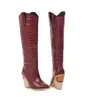 Tamanho 34-48 Outono e Inverno Bico Fino Cor Sólida PU Botas de Cano Alto Cruzamento de Fronteira Tamanho Grande Botas Femininas Salto Quadrado Versátil Salto Super Alto Botas de Couro