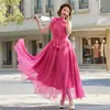 Moda femenina transfronteriza Amazon nuevo elegante vestido sexy con tirantes ajusta-cintura con lazo y vestido largo de crepé de seda