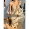 Vestido Camisola de Encaje Hueco Estilo Coreano con Cuello en V Tejido para Mujer, Verano Sin Mangas Ajustado Ol Hielo Seda Camiseta Larga