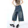Pantalones cortos de mezclilla retro azules para mujer, estilo de verano fino, corte relajado, aptos para petite, pierna ancha, forma de pera, que cubren la cadera, pantalones de pierna recta de longitud media