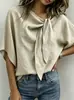 Top transfronterizo europeo y americano de cuello en V con tiras en el pecho, mangas murciélago holgadas, camisa fina casual para ir al trabajo