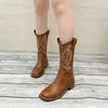 Novas Botas de Motociclista Cavaleiro com Manga Bordada Retrô Cano Médio Bico Quadrado Botas de Montaria Versátil Botas Western Cowboy Boca em V