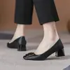 Zapatos de tacón alto franceses de piel suave para mujer, nuevo estilo de otoño 06, puntera cuadrada poco profunda versátil, tacón medio, adecuados para entrevistas y desplazamientos, zapatos de tacón grueso de un solo color