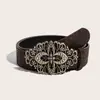 Cinto de Couro Western Esculpido Estilo Americano para Mulheres, Cinto Largo Estampado com Fivela de Metal Floral Vazada Vintage, Acessório para Roupa Jeans
