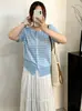 Camiseta feminina plus size ombro a ombro de manga curta, camisa listrada, estilo verão 2026, top de malha versátil que afina para mulheres plus size