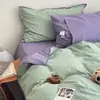 Juego de Cuatro Piezas de Algodón Puro de Gama Alta con Rayas Retro de Algodón Lavado, Funda de Edredón Simple 100% Algodón, Juego de Tres Piezas de Sábana, Ropa de Cama
