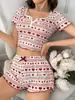 Comercio Exterior Nuevo Transfronterizo Europeo y Americano Ropa de Casa para Mujer Estampado de Corazón Manga Corta Conjunto de Shorts Conjunto de Pijama Casual de Costilla
