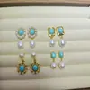 Pendientes de Imitación de Turquesa y Perla de Agua Dulce Natural Estilo Europeo y Americano Transfronterizos con Incrustaciones de Circonita y Diamante, Pendientes de Lujo de Gama Alta al por Mayor