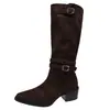 Botas de montaria femininas 2026 outono, cor sólida estilo retrô, afinadoras e valorizadoras, bico fino, com fivela, camurça, salto grosso, altura média da panturrilha, moda