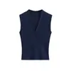 Elegante y Maduro Estilo Sexy Ajustado Chaleco de Punto para Mujer, Primavera y Verano Cruzado Cuello en V Ceñido a la Cintura Sin Mangas Top, Moderno
