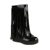 Botas Casuais Femininas de Couro com Bico Redondo Botas Estilo Martin com Mangas Botas com Franjas Sapatos Femininos de Salto Anabela Botas de Comércio Exterior