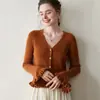 ¡Mangas de campana con volantes! Cárdigan de Cachemir con Cuello en V para Mujer, Suéter Base Corto de Punto con Chaqueta de Suéter con Perlas