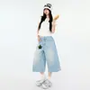 Jeans Azul Claro Americano Lavado Pierna Ancha Mujer Verano Cintura Alta Talla Grande Holgado Gordo mm Recto Shorts Tres Cuartos