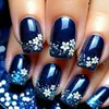 Uñas Portátiles Cuadradas Medianas Azul Oscuro con Lunares y Patrón de Flores Decoración Parches Reutilizables de Uñas Postizas