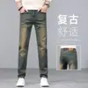 Jeans Masculino Retro de Alta Qualidade 2026, Calças Masculinas Retas de Caimento Slim para Primavera e Outono, Calças Casuais da Moda Cor Amarelo Lama