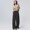 Calça Larga Casual Retrô Americana de Cintura Alta com Caimento, Xadrez Grosso Reta Longa para Mulheres, Outono e Inverno, Atacado de Peça Única