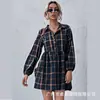 Moda Femenina Transfronteriza Europea y Americana 2021 Elegante Suéter para el Trabajo con Estampado de Cuadros Botones Vestido de Cintura Media para Primavera