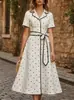 Vestido Elegante Francês 2026 Transfronteiriço Europeu e Americano Amazon Poá Decote V Botões Amarração na Cintura Drapê Ajuste na Cintura