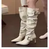 Nuevas Botas Largas de Mujer Estilo Francés para Otoño/Invierno 2026, Hebilla de Cinturón, Tacón Delgado, Tacón Medio, Caña Alta, Botas Plisadas, Botas Martin, Botas Vaqueras