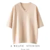 Suéter de cachemira para mujer con cuello en V y dobladillo enrollado, de manga corta, estilo jersey, color liso, corte holgado, casual, versátil, simple, tejido de punto para otoño/invierno