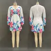 Comércio Transfronteiriço Independente Vestido Novo Estampado com Decote em V, Mangas Bufantes da Moda, Saia Curta de Cintura Alta, Roupas Femininas Estilo Europeu e Americano