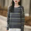 Suéter de punto casual a rayas para mujer, algodón puro, cuello redondo, hombros caídos, corte holgado, simple y versátil para el uso diario, mangas largas, estilo pullover
