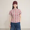 Línea Principal Miyake Calidad de Mostrador Top Rojo y Gris Bloque de Color Cuadros Redondos Manga Corta Plisado Versátil Top Pequeño Productos de Fábrica