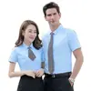 Camisa blanca de sarga fina para hombre y mujer, mismo estilo, ropa de negocios, manga corta, para vendedor, camisa blanca de temperamento ajustada, overol blanco