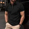 2026 Nova Camisa Polo Masculina de Verão Europeia e Americana Cor Sólida Estampa Digital com Gola Reversível, Blusa Camiseta Manga Curta com Zíper para Homens