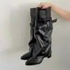 Botas altas retro de tacón grueso para mujer, nuevas de otoño 2026, ajustadas, versátiles, de punta, suela blanda, estilo western, botas bootcut