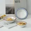 Cuenco Grueso de Cerámica Marrón y Azul con Línea, Estilo Japonés-Coreano, Diseño Pintado a Mano Bajo Esmalte, Cuenco para Arroz de 6 Pulgadas, Cuenco para Cereales y Sopa