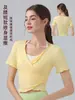 26 Camiseta Deportiva de Verano de Manga Corta Ajustada con Cuello en V y Cruzado en la Cintura Moda Tendencia Ropa para Pilates Yoga