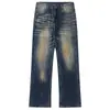 Jeans retro azules de moda para hombre, estilo de alta calle americano de otoño, estampado de relámpagos, lavado pesado, ligeramente acampanados, pantalones de pierna ancha versátiles