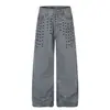G6991 Jeans Masculino de Cintura Alta, Estilo Americano, Unissex, Lavado Vintage, Detalhes com Ilhós, Corte Solto