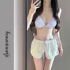 Bikini a Rayas y Cuadros de Color Bloque Dulce y Puro Traje de Baño de Vacaciones para Mujeres con Poco Busto y Tirantes de Nudo