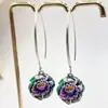 Pendientes de Plata 925 Tendencia Nacional Estilo Chino, Paisaje Étnico Vintage Esmalte Cloisonné Hechos a Mano Pez Cumplidor de Deseos Jugando en Loto Pendientes de Flor de Loto