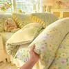 Juego de Colcha de Terciopelo de Leche de Cuatro Piezas Funda de Edredón de Encaje de Invierno Felpa Gruesa de Doble Cara Coral Franela Ropa de Cama