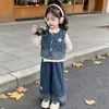 Conjunto Jeans para Meninas Primavera e Outono 2026 Novas Roupas de Outono para Crianças Conjunto de Três Peças Colete Calça de Pernas Largas para Bebê Menina