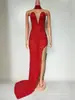 Vestido de noite europeu e americano transfronteiriço sexy de aniversário com strass brilhante, traje de performance deslumbrante francês elegante e glamoroso até o chão