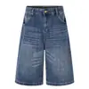 Shorts de Mezclilla Azules Lavados Vintage con Bigotes Estilo High Street Unisex de Gama Alta Me680 para Hombre de Corte Holgado