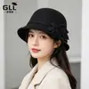 Novo Chapéu de Pescador de Lã Moda Britânica Elegante Socialite Chapéu Balde Moda Versátil Flor Cortada Chapéu de Feltro
