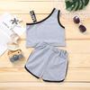 Roupa de verão infantil de duas peças, colete especial transfronteiriço europeu e americano, conjunto esportivo de ombro para meninas, shorts casuais de algodão confortáveis